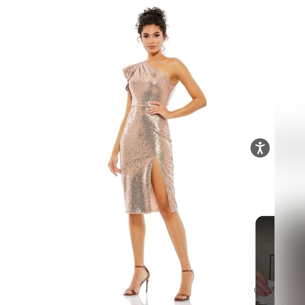 Ieena for Mac Duggal, Sequined Flutter One Shoulder Fitted Midi Dress, Copper, 8